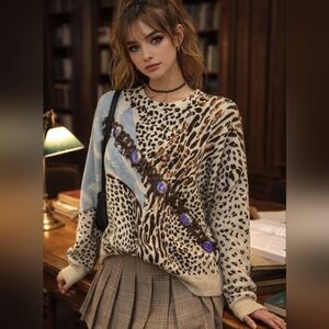 Vtg Lambswool Angora Cheetah Leopard 80s Embellished Sweater novelty women Warm